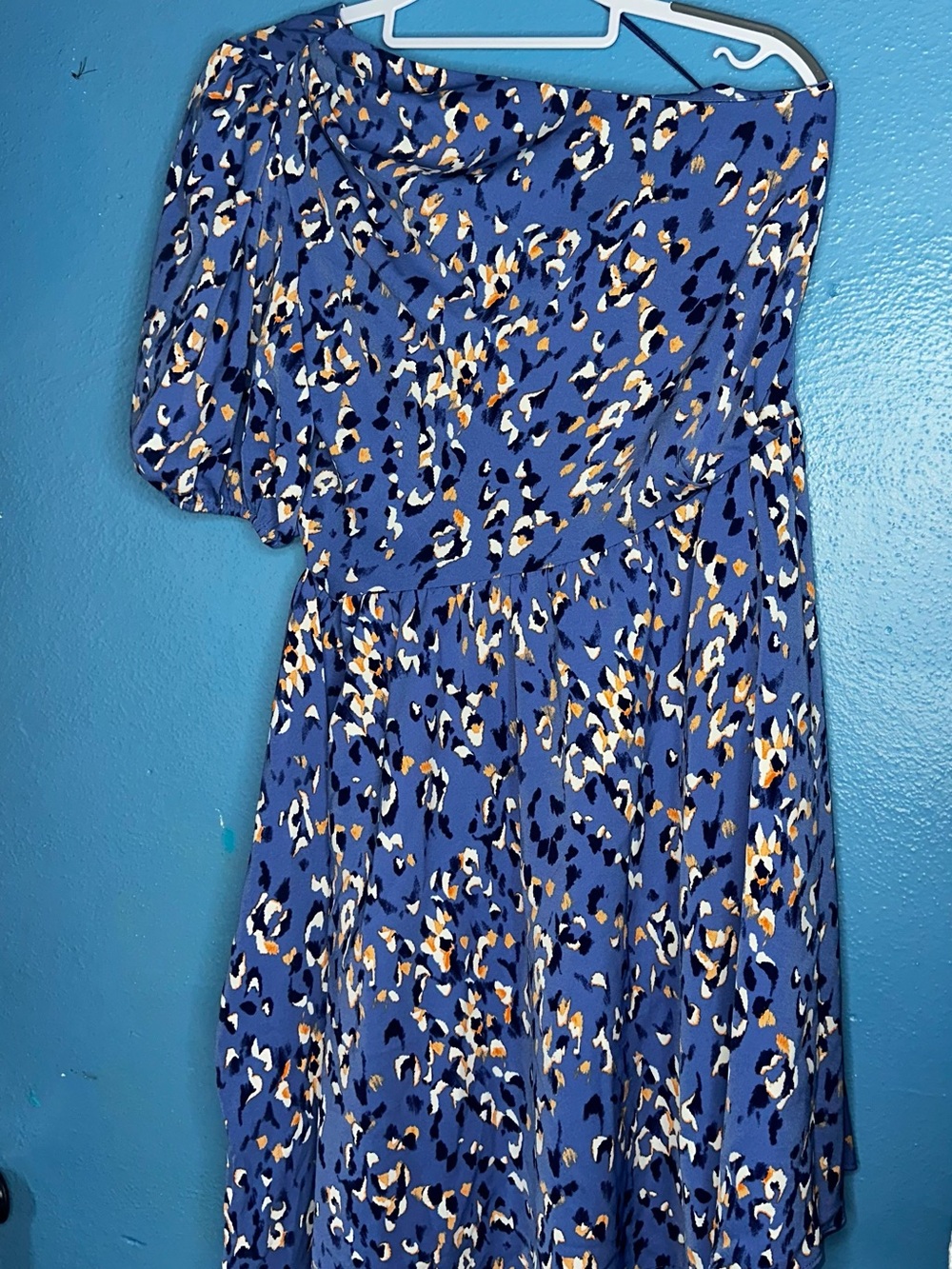 Nine West Blue Leopard-Print One-Shoulder Dress with Orange Accents